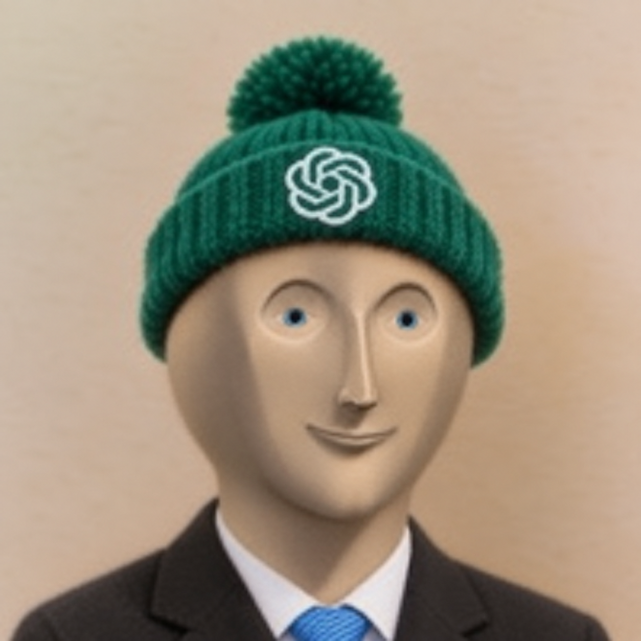 StonkGpt character wearing a green knitted beanie and dark suit