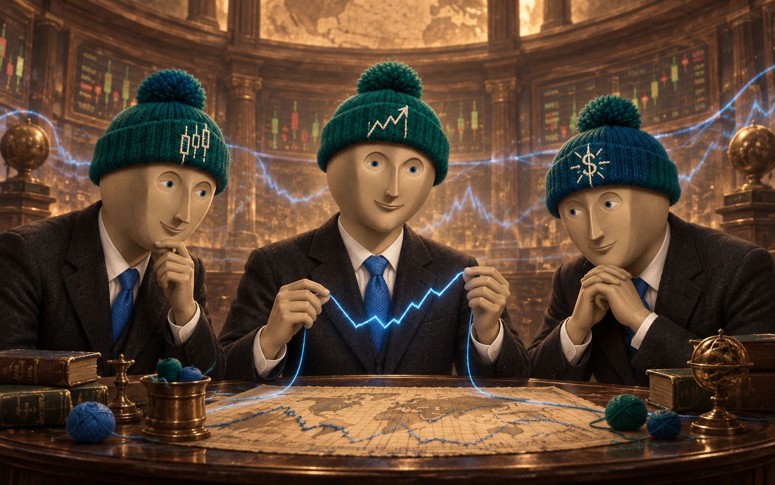 Three wooden market analysts in green knitted beanies inside an old exchange